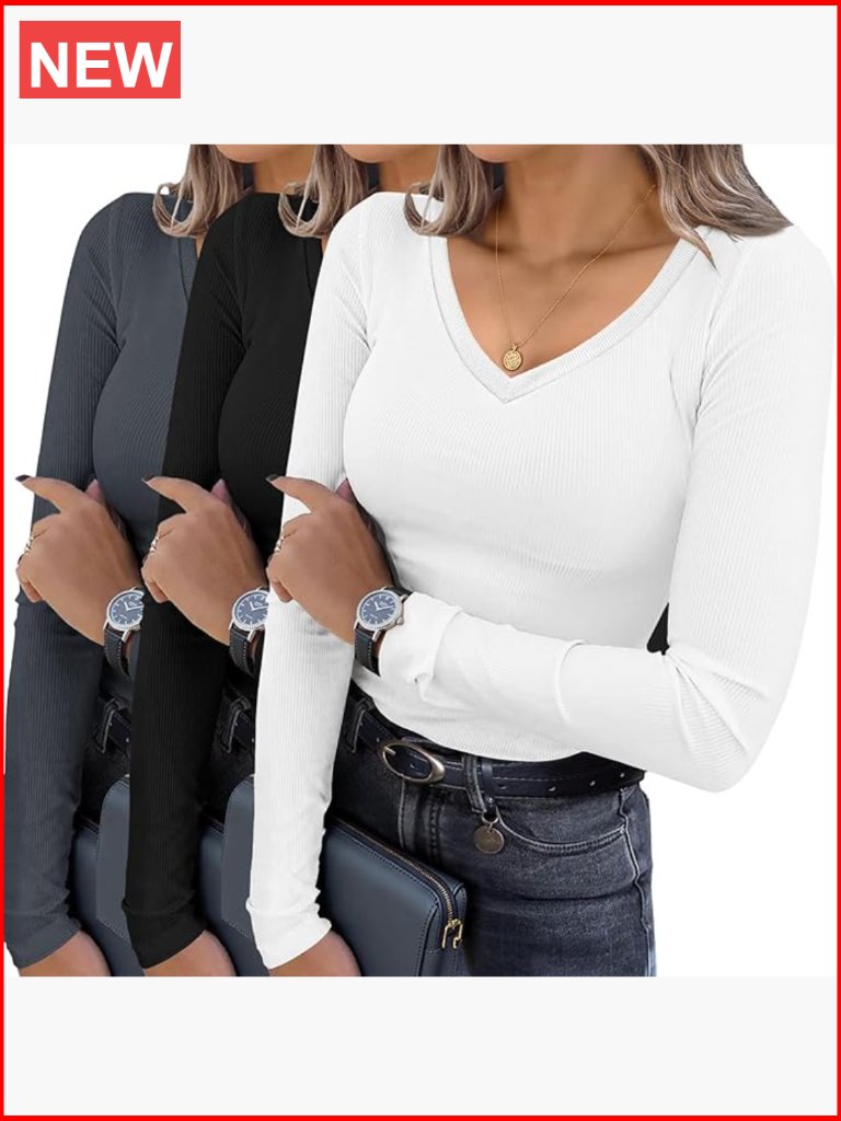 Long Sleeve V-Neck Ribbed Thermal T-Shirt 3 Pack Polyester Spandex
